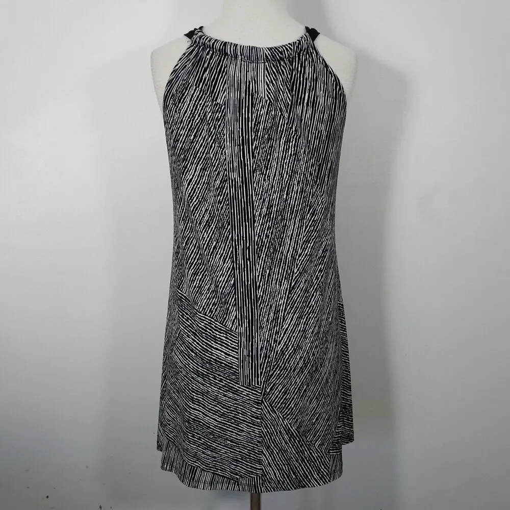 MSK Tunic Mini Dress Women Size 8P Sleeveless Stretch Flowy Black White